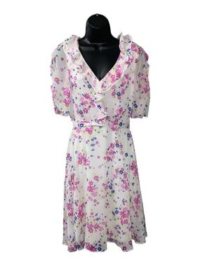 DKNY Women's Pink White Floral-Print Ruffled V Neck Midi Dress Chiffon  Size 12